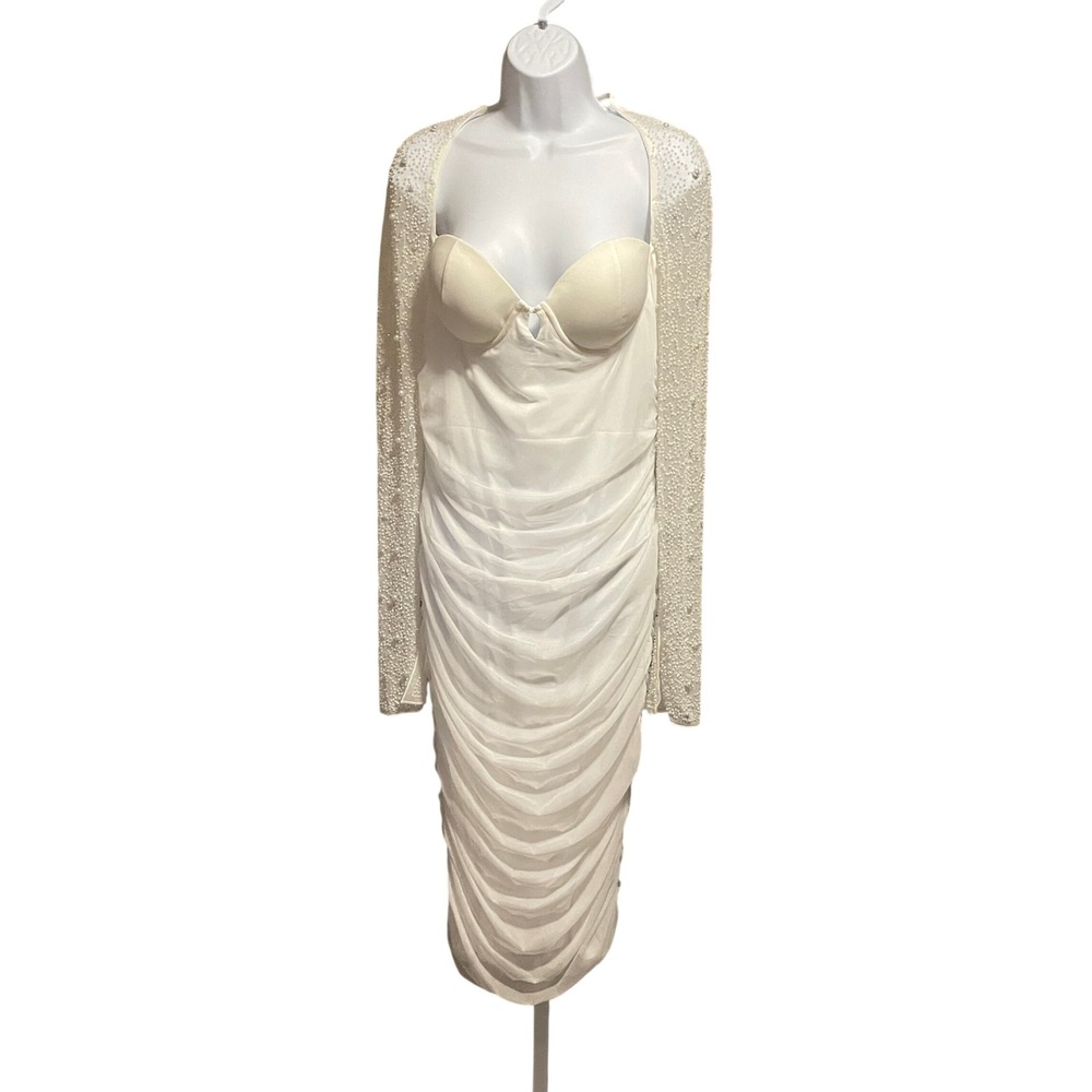 Fashion Nova Womens Pearl Embellished Sheer Ruched Midi Dress XL White Glam Prom